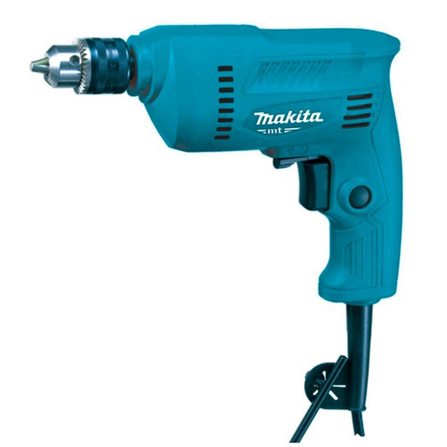taladro atornillador vel var rev 3/8' 350w m0600b azul Makita, vista lateral frontal centrada, carcasa azul con ventilaciones y logo Makita, empuñadura tipo pistola con gatillo y cable de alimentación, mandril metálico de tres mordazas visible; suele usarse también para trabajos de bricolaje pequeños.