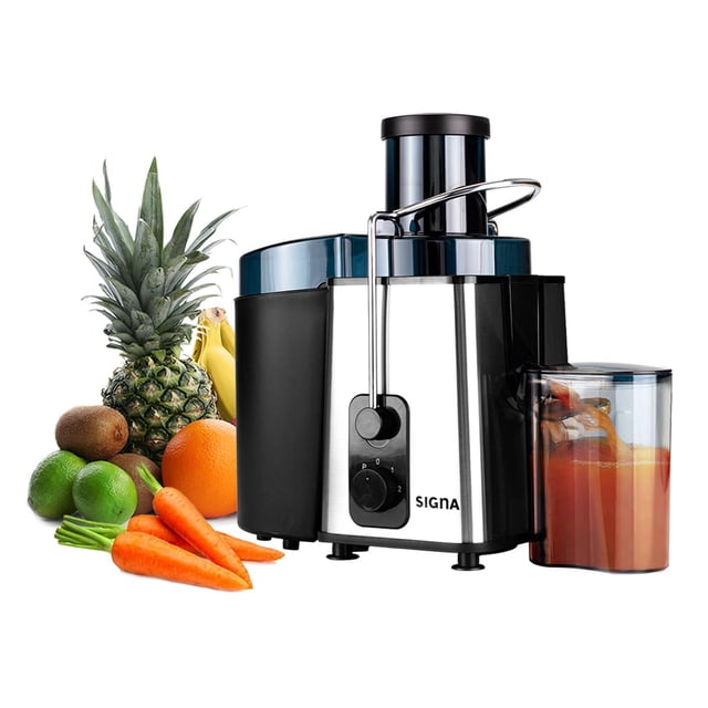 extractor de jugos máquina de jugo exprimidor centrífugo para frutas y verduras con 2 modos de velocidad jugo, vista frontal centrada del extractor en acero inoxidable cepillado con palanca de seguridad y tolva superior; panel con perilla de 2 velocidades (baja/suave y rápida/duro) y marca SELECTSHOP; jarra de jugo transparente (500 ml), contenedor de pulpa opaco (1200 ml), tapa transparente y tubo de empuje visibles; fondo blanco con frutas y verduras; adecuado para obtener jugos frescos y extracción rápida de vitaminas y minerales en casa.