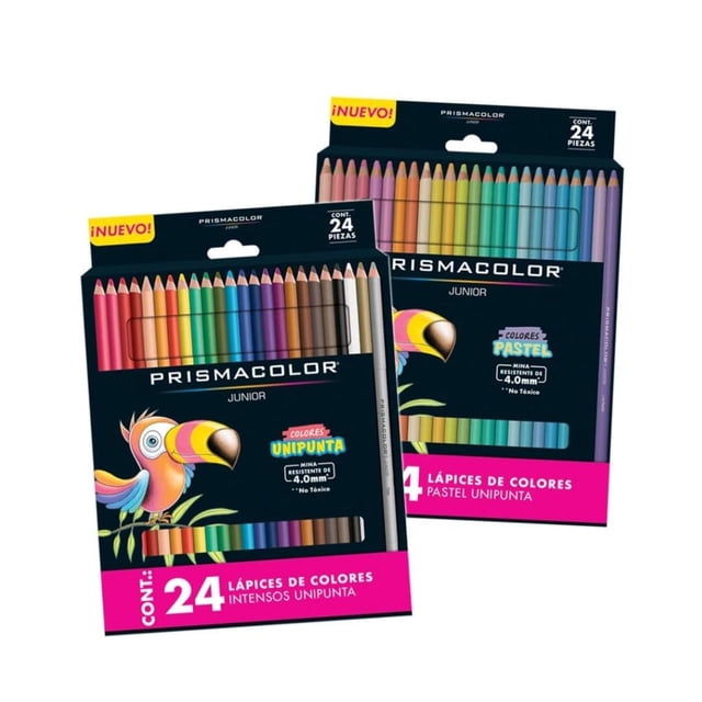 set de colores prismacolor junior 24 intensos y 24 pastel prisma color Pack doble con dos cajas frontales: 24 lápices intensos unipunta y 24 lápices pastel unipunta, minas visibles de 4.0 mm, estuches negros con ilustración de tucán y ventana que muestra los tonos multicolor en posición vertical; apto para dibujo, coloreado y proyectos escolares, también usado para bocetos y sombreado suave.