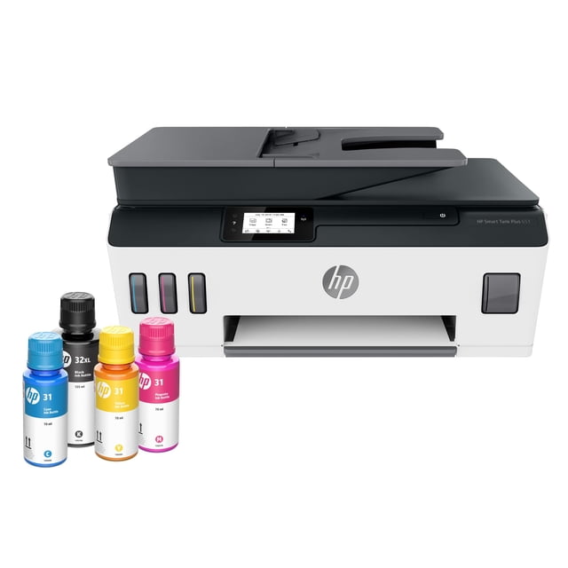 impresora hp smart -tank plus 651 wireless todo-en-uno vista frontal centrada de la impresora multifunción blanca y gris con tanque de tinta frontal, pantalla táctil monocromática de 2.2 pulgadas y alimentador automático de documentos de 35 páginas; botellas de tinta HP (cian, magenta, amarillo y negro) visibles delante. Incluye impresión móvil y Wi‑Fi de doble banda, ideal para imprimir grandes volúmenes en el hogar y también suele usarse para escanear y archivar tareas escolares.