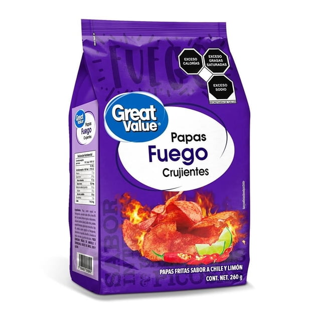 papas fritas great value crujientes sabor fuego chile y limón 260 g Bolsa frontal 3/4 morada con logo Great Value; texto principal "Papas Fuego Crujientes" y gráfico de papas fritas con llamas y rodaja de limón; sellos de advertencia "exceso calorías", "exceso grasas saturadas" y "exceso sodio"; peso neto 260 g. Botana de papa ideal para compartir en reuniones y para llevar.