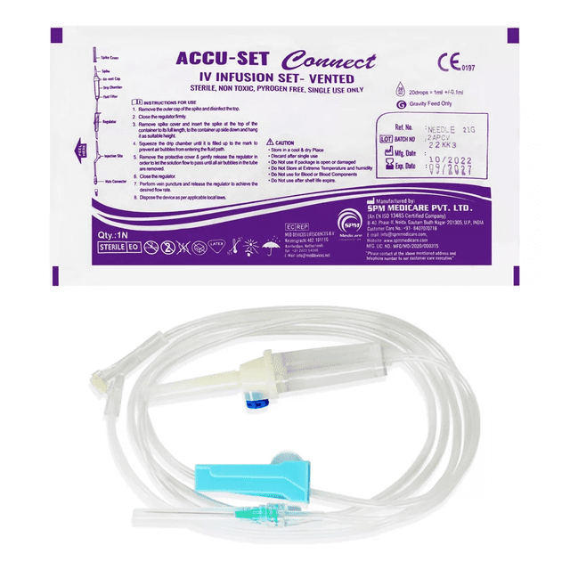 equipo de normogotero con aguja/equipo para venoclisis - 10 unidades set IV en imagen con tubing plástico transparente, cámara gotero, clamp regulador azul y conector aguja; color blanco y transparente, destinado a infusión intravenosa continua, paquete de 10 piezas.