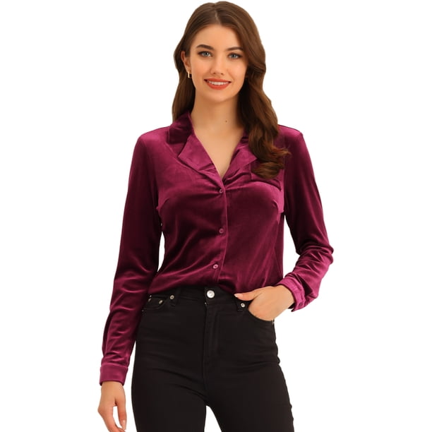 Camiseta de manga larga con cuello en V de terciopelo retro para mujer Borgoña L