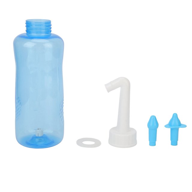 botella de limpieza nasal limpiador de lavado nasal portátil lavable de respiración suave con boquillas de 2 piezas para niños para el hogar anggrek otros Botella frontal transparente azul de 500 ml con rosca superior y válvula en la base; incluido anillo de sellado blanco, adaptador en ángulo blanco con rosca y dos boquillas azules (una de 3 agujeros y una de un orificio). Diseñado para enjuague nasal doméstico; sal no incluida, uso infantil supervisado; también suele usarse como kit portátil para enjuagues nasales.