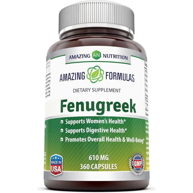 amazing formulas | 610 mg | 360 cápsulas | suplemento alimenticio natural | fibra, vitaminas y minerales | bienestar digestivo y general Frasco frontal, vista centrada y de frente: envase marrón con tapa plateada y etiqueta blanca y verde que muestra el texto grande "Fenugreek", logo Amazing Formulas, indicación 610 mg y 360 cápsulas, sellos GMP y Made in USA visibles; cápsulas de fácil consumo diario, aptas como complemento para el bienestar digestivo y el equilibrio general.