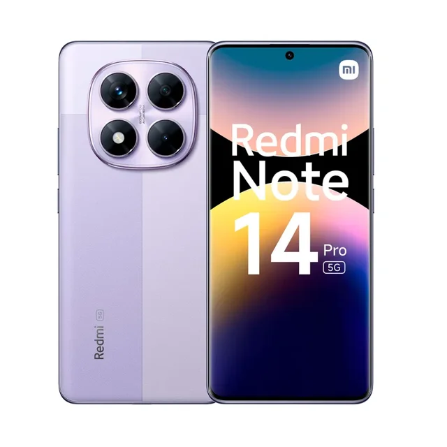 smartphone xiaomi redmi note 14 pro 5g dual sim 256gb 8ram lavanda nuevo liberado vista frontal y trasera centrada; teléfono lavanda con pantalla AMOLED curva de 6.67" 120Hz y orificio central para cámara frontal, módulo trasero cuadrado con tres lentes grandes y flash, logotipo 'Redmi' y texto en la parte inferior, acabado mate y bordes metálicos con parlantes stereo visibles. Adecuado como dispositivo principal para fotografía móvil y videollamadas.