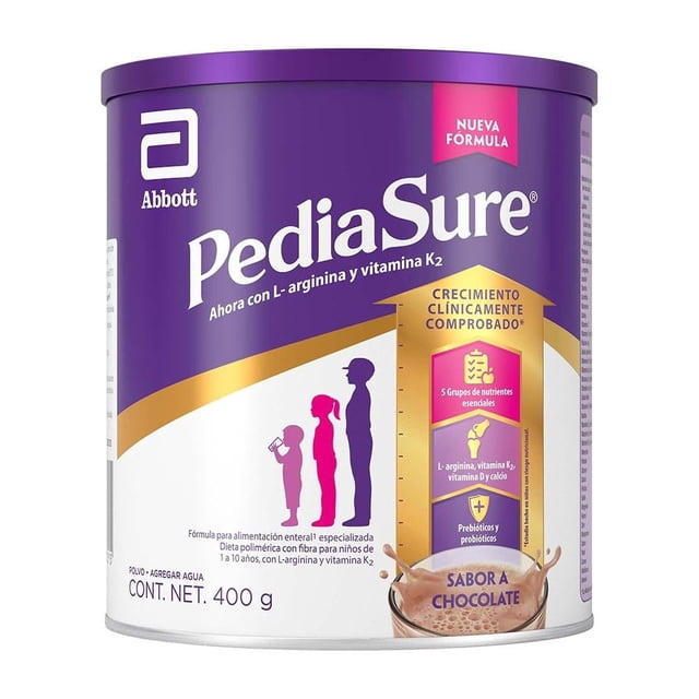 fórmula para alimentación pediasure enteral especializada sabor chocolate 400 g: lata frontal morada y blanca con marca PediaSure, tapa morada, texto "sabor a chocolate", tres siluetas de niño en degradado rosa, emblema que indica crecimiento clínicamente comprobado y leyenda de contenido neto 400 g.