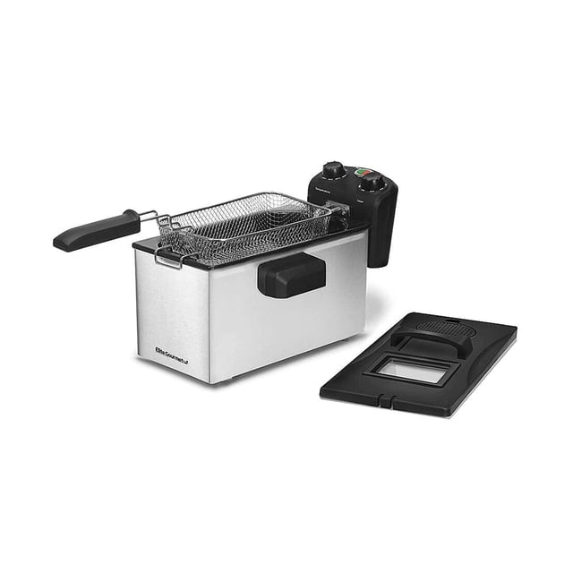 freidora de aceite elite cuisine 3.3 litros 1500w acero inoxidable 3/4 frontal con cesta de malla y tapa ventilada separada; cubeta rectangular gris en acero inoxidable, panel con perillas para ajustar temperatura hasta 190°C y temporizador de 30 min con luces y sonido, asa negra; también suele usarse para recalentar porciones pequeñas sin ocupar mucho espacio.