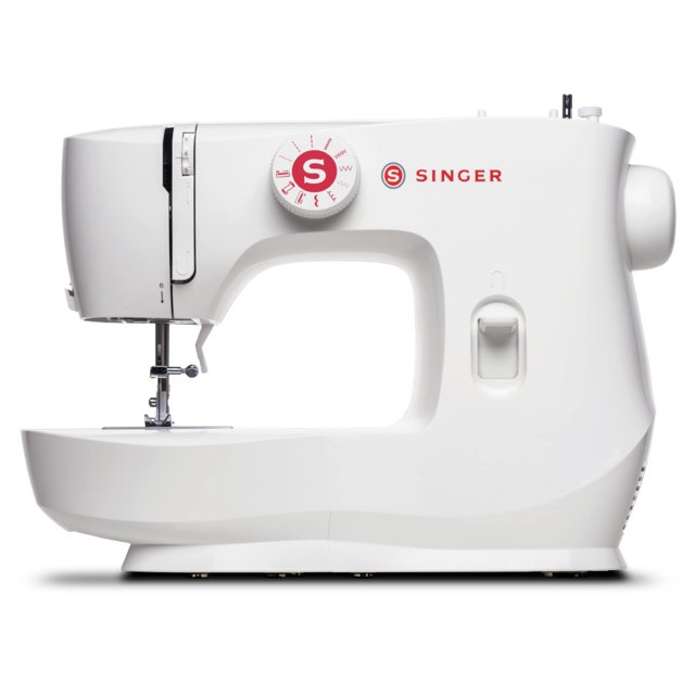 máquina de coser singer mx60, ligera y portátil, 57 puntadas; vista frontal lateral blanca con perilla selectora de puntada y logo S, bobina de carga frontal, palanca de prensatelas, área de aguja y luz LED; ideal para costura en el hogar y proyectos de confección pequeños.
