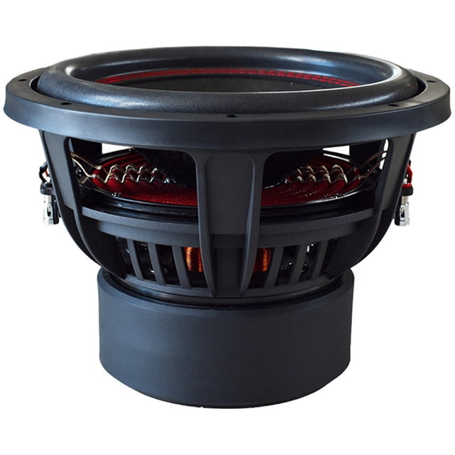 subwoofer rock series 1500w rms 12 dvc 4 ohm rks-12d4xs vista frontal de subwoofer para auto 12" con canasta de aluminio negra, cono de papel con borde de foam y costura roja visible, bobina doble (4+4 Ω) con bobinado de cobre expuesto, terminales push y gran imán en base, ideal para reforzar bajos en car audio.