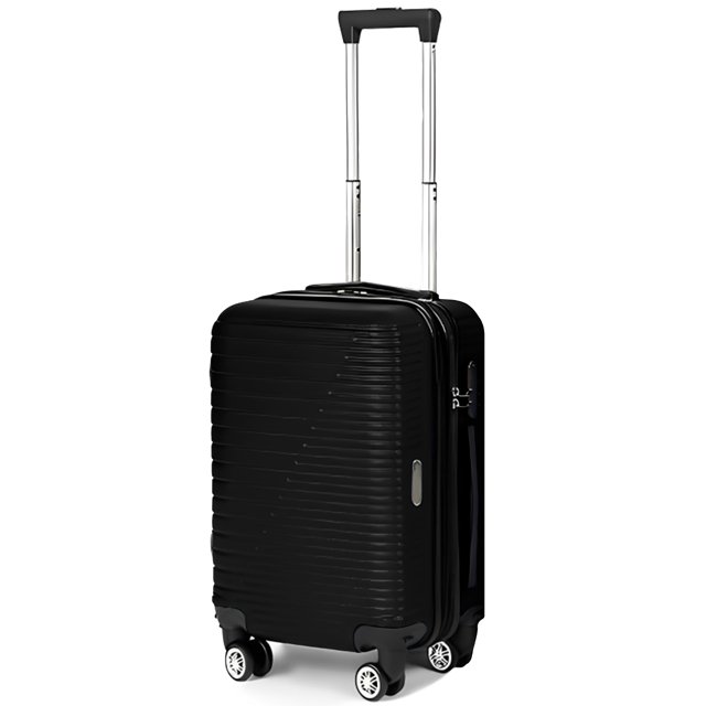 maleta de 20 pulgadas de viaje shendy vendy con candado de seguridad y mango ajustable, maleta de mano negra con carcasa texturizada y franjas horizontales, vista 3/4 frontal con barra telescópica extendida, ruedas dobles 360°, doble cierre lateral y candado integrado, apertura 180° con compartimentos interiores y correas de sujeción.