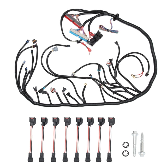 juego de arnés de cableado de motor unique bargains para chevy gmc cadillac hummer negro, arnés principal negro con ramales envueltos en funda plástica, múltiples conectores eléctricos y terminales de anilla visibles, tramo con conector rectangular azul, ocho cables con conectores en línea y pernos de montaje incluidos; reemplazo directo para motores LS1 2003-2006 y transmisiones 4L60E, a menudo usado en swaps y restauraciones de motor.