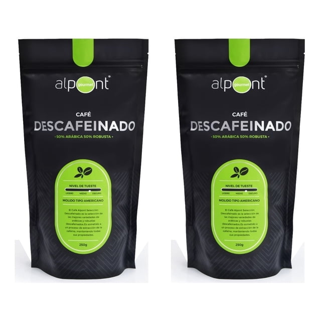 alpont gourmet café descafeinado molido 250 gramos 2 piezas par de bolsas frontales negras con detalles verdes y logo Alpont, texto grande 'CAFÉ DESCAFEINADO', etiqueta verde que indica 'Nivel de tueste' y 'Molido tipo americano', cada bolsa de 250 g sobre fondo blanco.