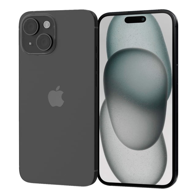apple iphone 15 plus 512gb negro reacondicionado Vista 3/4 frontal y trasera con pantalla Super Retina XDR OLED de 6.7 pulgadas sin marco y Dynamic Island, trasera de vidrio negro con logo Apple centrado, marco de aluminio, botones laterales y módulo de cámara dual (48 MP y ultra gran angular de 12 MP), USB-C y capacidades de grabación 4K; a menudo se usa como dispositivo portátil para capturar video en viaje.