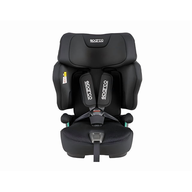 sparco autosiento sk8000ibk rapid, asiento de bebe para autos negro — Vista frontal centrada de la silla con respaldo alto y reposacabezas ajustable, arnés de múltiples puntos con almohadillas 'sparco', protección lateral acolchada, base con tejido texturizado y funda desmontable; apta para sistemas de viaje.