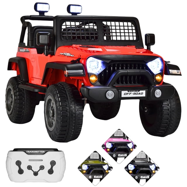 montable electrico para niños camioneta control remoto 12v - rojo, vista frontal 3/4 de camioneta roja con parrilla y parachoques negros, faros LED delanteros y barra de faros superior encendidos; ruedas de plástico rígido, asiento con respaldo y cinturón de seguridad visibles, volante y parabrisas con rejilla; control remoto en primer plano. Equipado con 2 motores y batería 12V, Bluetooth/USB/AUX y función mecedora; a menudo se usa también para juegos de imitación al aire libre.
