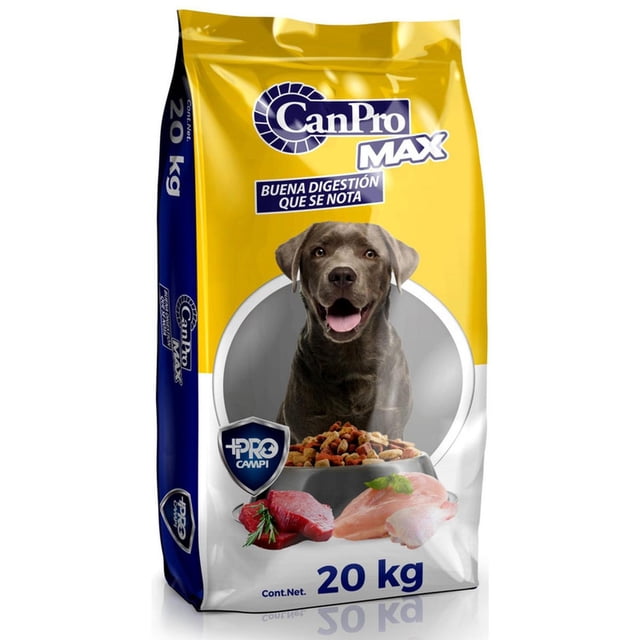 alimento croquetas perro can pro max adulto proteína 20 kg bolsa frontal amarilla y azul con logo CAN PRO MAX y texto 'Buena digestión que se nota', perro adulto marrón centrado, plato con croquetas y piezas de carne ilustradas, peso 20 kg impreso, croqueta forma luneta y hueso pequeño, color rojo y natural según etiqueta; a menudo usado para alimentación diaria de mantenimiento.
