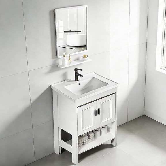 Gabinete de Baño de Lavamanos y Espejo, Armario con 2 Puertas para Baño con Estante, Grifos de Agua Caliente y Fría, Tuberías de Desag, 61 * 40 cm (Negro)