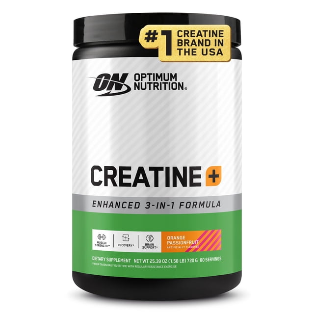 suplemento optimum nutrition monohidrato de creatina 720 g envase frontal blanco con etiqueta verde y negro, polvo de 80 porciones sabor naranja y fruta de la pasión, incluye logo Optimum Nutrition y rótulo "Creatine+", indicado para fuerza y recuperación muscular y adecuado para mezclas pre-entreno.