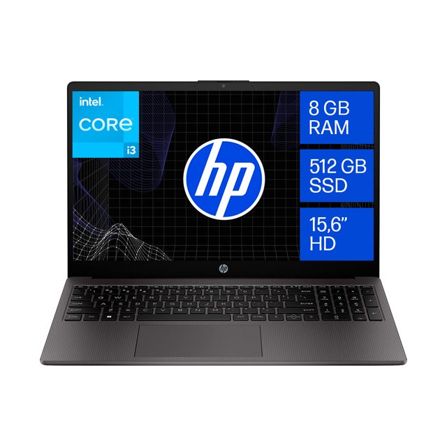 laptop hp 250 g10: intel core i3 n305, ram 8gb ddr4, ssd 512gb, pantalla de 15.6" led hd. Vista frontal centrada de una laptop HP negra abierta; teclado completo con teclado numérico, touchpad rectangular y pantalla encendida que muestra el logo HP y recuadros con 8 GB RAM, 512 GB SSD y 15.6" HD.