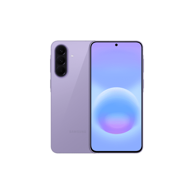 samsung galaxy a57 5g 128gb dual sim 8gb ram awesome lilac — Vista frontal y trasera centrada del smartphone violeta; pantalla Super AMOLED 6.7" 120Hz con perforación frontal, trasera mate con triple cámara vertical (50MP+12MP+5MP) y flash, parlantes estéreo, Exynos 1680 y batería 5000 mAh; apto para multimedia y fotografía móvil.