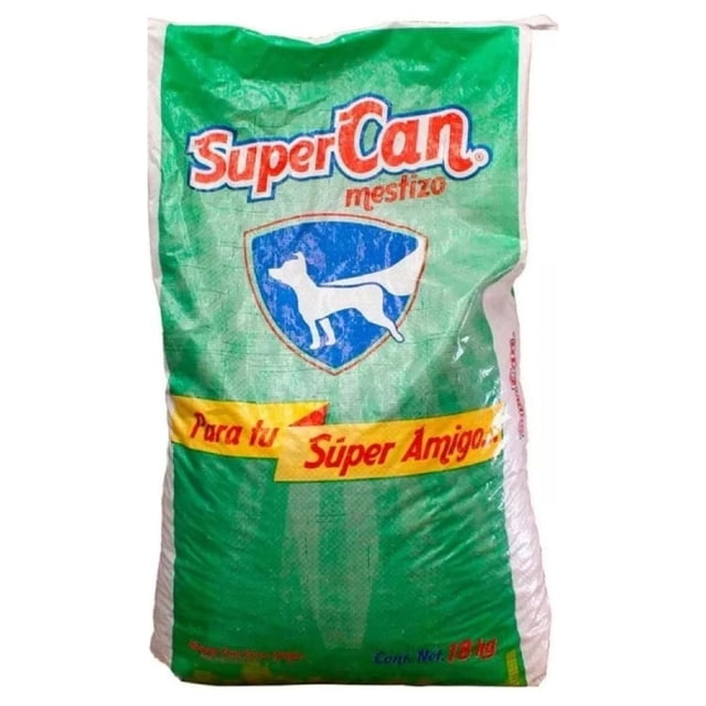alimento para perro supercan mestizo para perro adulto de 18 kg bolsa verde frontal con logo SuperCan Mestizo, escudo azul con silueta de perro y banda amarilla que dice "Para tu Súper Amigo"; saco de 18 kg con textura de polipropileno, alimento completo y balanceado para mantenimiento de perros adultos, receta con proteínas y materias primas de calidad.