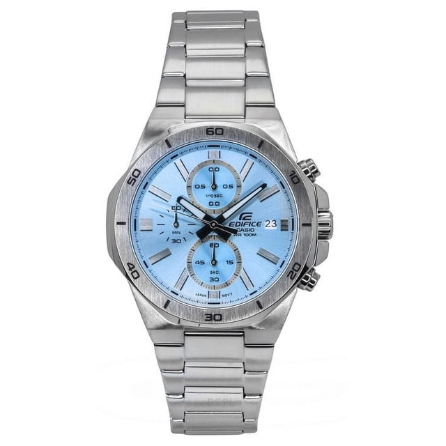 casio edifice standard chronograph analog stainless steel blue dial quartz efv-640d-2bv 100m men's watch Reloj Casio Edifice EFV-640D-2BV, vista frontal con caja y brazalete de acero inoxidable cepillado, esfera azul claro con tres subesferas de cronógrafo, índices aplicados, manecillas luminiscentes, ventana de fecha a las 3, corona y dos pulsadores laterales y bisel numerado; a menudo usado también como reloj deportivo elegante para uso diario.