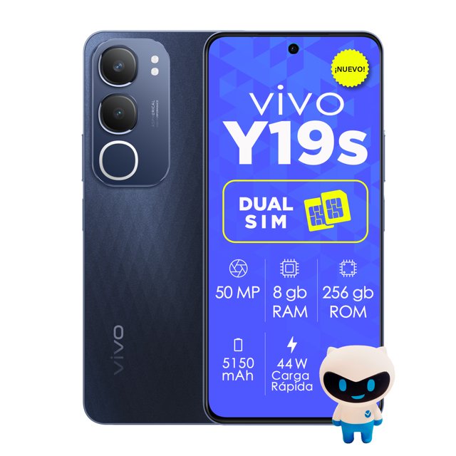 celular vivo smartphone y19s dual sim – 256gb rom, 16gb ram (8+8 extendida), pantalla 90hz, batería 5500mah – desbloqueado Vivo Y19s negro, vista frontal con pantalla encendida que muestra texto promocional y sello Dual SIM, y vista trasera texturizada con módulo de cámara triple y anillo cromado; se muestran iconos que indican 50 MP, 8 GB RAM y 256 GB ROM; fondo blanco. También suele usarse para almacenar fotos y multimedia en viajes.