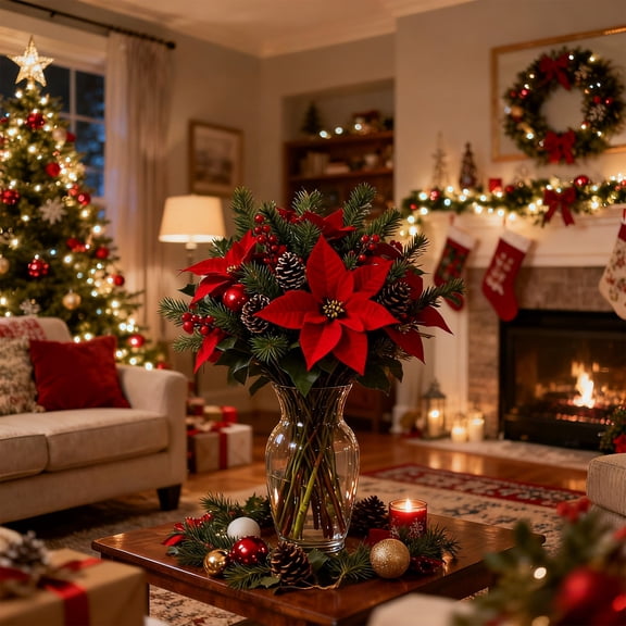 Flores artificiales de flor de Pascua roja con piñas y bayas, ramo navideño | Arreglo floral artificial para centro de mesa | Tallos navideños realistas de seda y plástico para jarrón,