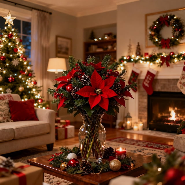 Flores artificiales de flor de Pascua roja con piñas y bayas, ramo navideño | Arreglo floral artificial para centro de mesa | Tallos navideños realistas de seda y plástico para jarrón,