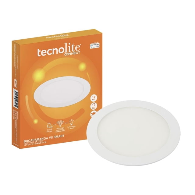 downlight led inteligente tecno connect bucaramanga vii smart 12 watts blanco downlight empotrable de aro blanco con difusor opal y caja naranja con logo Tecnolite; 12 W (840 lm), multivoltaje 100–240 V, corte de empotramiento 146 mm, atenuable, temperatura de color ajustable en 64 tonos de blanco y control por WiFi y asistentes de voz; apto para iluminación general en cocinas y pasillos.