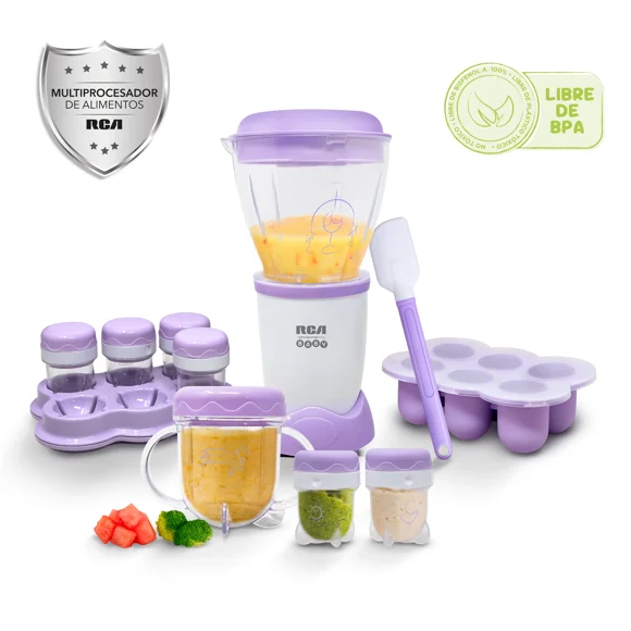 RCA Procesador de Alimentos BabyBullet RC-NBB, 200 W, libre de BPA, cuchillas de acero inoxidable, incluye 6 tarros de 50 ml, vaso con asas de 170 ml, bandeja flexible, espátula y vaso de 295 ml.
