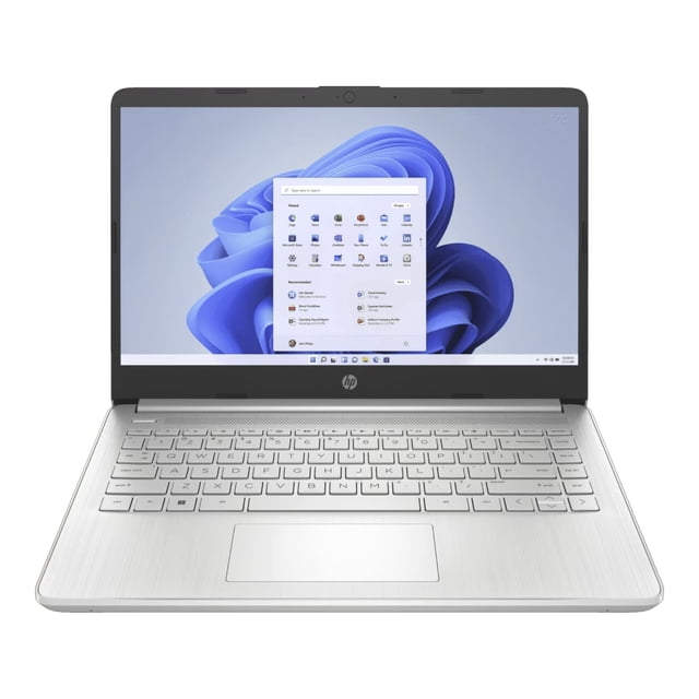 laptop hp 14-dq0518la 14" intel celeron n4120 ram 4gb ssd w11h plata frontal abierto 3/4 con pantalla 14" 1920 x 1080 mostrando Windows 11, teclado y chasis plateado con acabado cepillado, touchpad centrado y logo HP bajo la cámara; adecuada como equipo portátil para estudio y tareas cotidianas.
