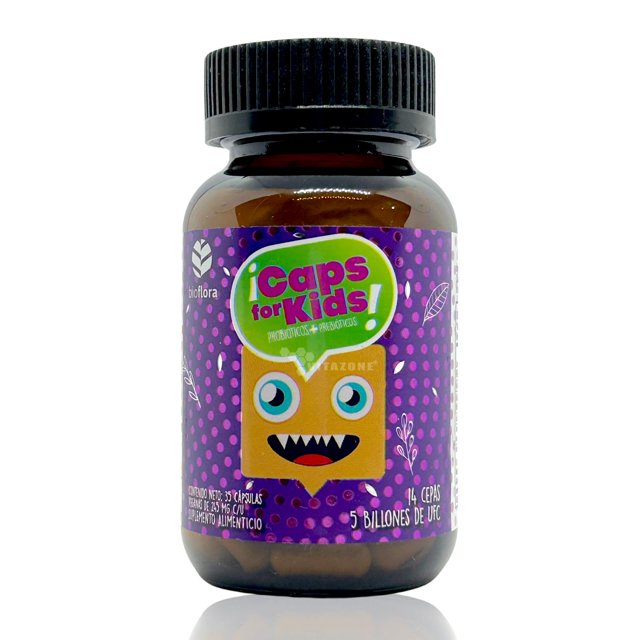 probióticos prebióticos para niños 35 mini caps 14 cepas bioflora bioflora biofloracapsforkids frasco frontal etiqueta morada con personaje, botella ámbar y tapa negra; 35 cápsulas veganas ácido-resistentes, 14 cepas (Bifidobacterias, Lactobacilos y Bacillus), 5 billones de UFC por cápsula (15 billones total) e inulina orgánica; uso recomendado 7–14 años una cápsula diaria con alimentos. Este producto no es un medicamento.