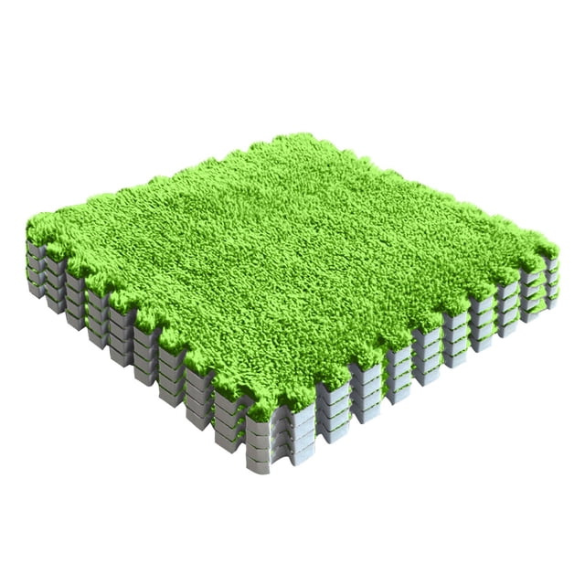 plush puzzle floor mat bedside bedroom bedside carpet home living room 1cm thick suede foam ground mat Color H (verde), pieza cuadrada 30x30x1 cm en vista 3/4; superficie de gamuza peluda y densa, borde con encaje tipo puzzle y base de EVA estriada gris; empalmable para unir varias piezas, recortable a medida y fácil de almacenar, apta para dormitorio o sala.