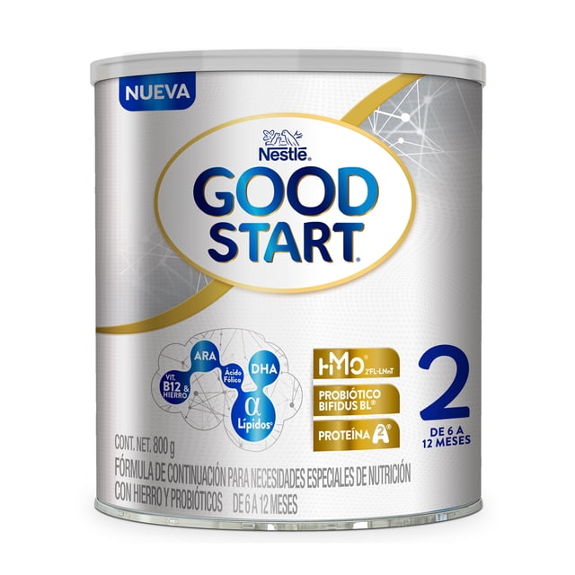 fórmula de continuación good start etapa 2 800g Lata frontal plateada de 800 g para bebés de 6 a 12 meses con logo Good Start y número 2; etiqueta destaca alfa-lípidos (fosfolípidos, esfingomielina), DHA y ARA, vitamina B12, hierro, 2 HMOs, prebióticos FOS, probiótico Bifidus BL® y proteína A2.
