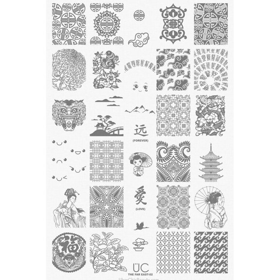 Placa para estampar Uber Chic Far East 02 acero inoxidable 9,5 cm x 14,5 cm 24 diseños 1,7 cm x 2,2 cm