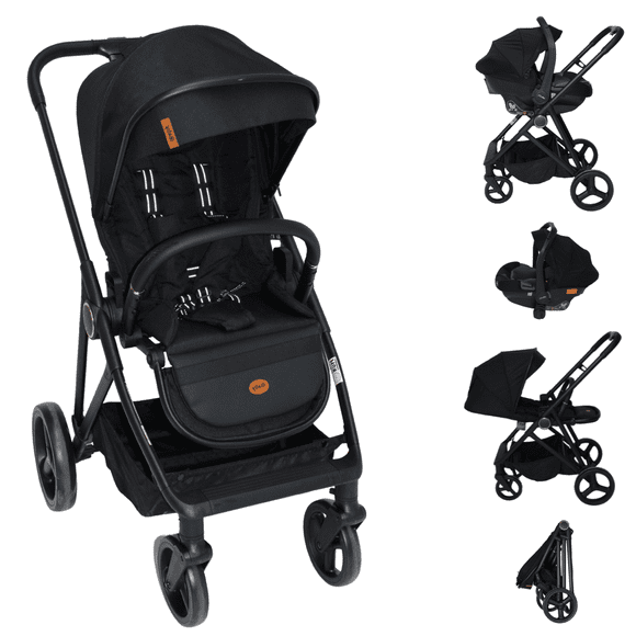 System travel carriola Sicilia + portabebé plagado compacto telas premium negro