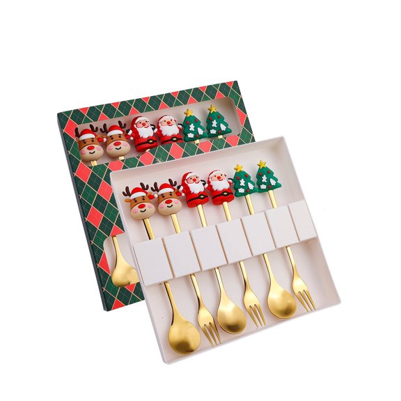 Juego de cuchara y tenedor de postre navideño con bonitos colgantes navideños | Vajilla de acero inoxidable para cócteles y fiestas | Caja de regalo de 6 piezas con adornos de botas, ciervos