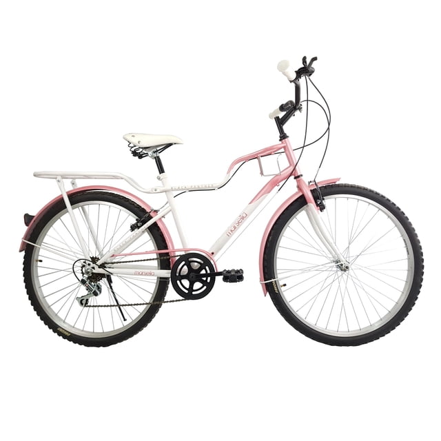 bicicleta black panther marsella r26 6v c/parr rosa Bicicleta urbana rodada 26, vista lateral derecha con cuadro de acero rosa y negro; 6 velocidades con cambio trasero visible, salpicaderas de acero con reflectante, asiento amplio con resortes blanco, cubrecadena de acero con diseño, portabultos y descanso lateral de acero, pedales de resina reforzados y rines de aluminio. Ideal para alturas de 1.53 a 1.66 m; también suele usarse para paseos recreativos y trayectos urbanos cortos.