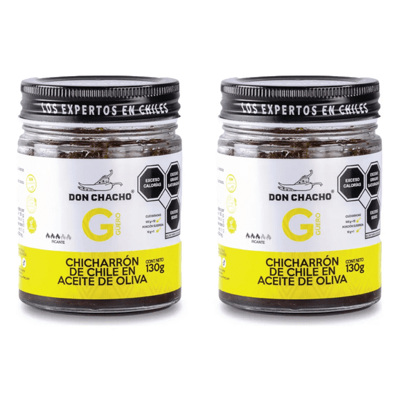 Chicharrón de Chile Güero Crujiente Don Chacho 2 Pack de 140g c/u | Aderezo en Aceite de Oliva | Toque Picante Suave y Aromático | Topping Gourmet Vegano y Sin Gluten