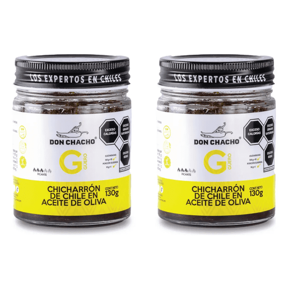 Chicharrón de Chile Güero Crujiente Don Chacho 2 Pack de 140g c/u | Aderezo en Aceite de Oliva | Toque Picante Suave y Aromático | Topping Gourmet Vegano y Sin Gluten