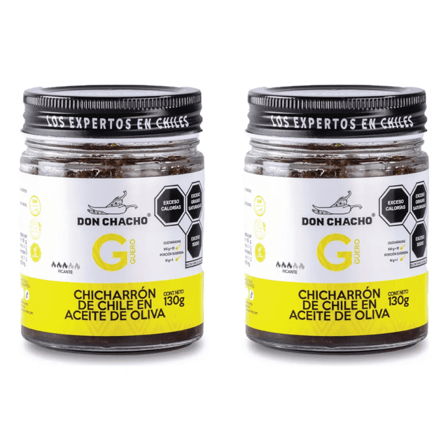Chicharrón de Chile Güero Crujiente Don Chacho 2 Pack de 140g c/u | Aderezo en Aceite de Oliva | Toque Picante Suave y Aromático | Topping Gourmet Vegano y Sin Gluten