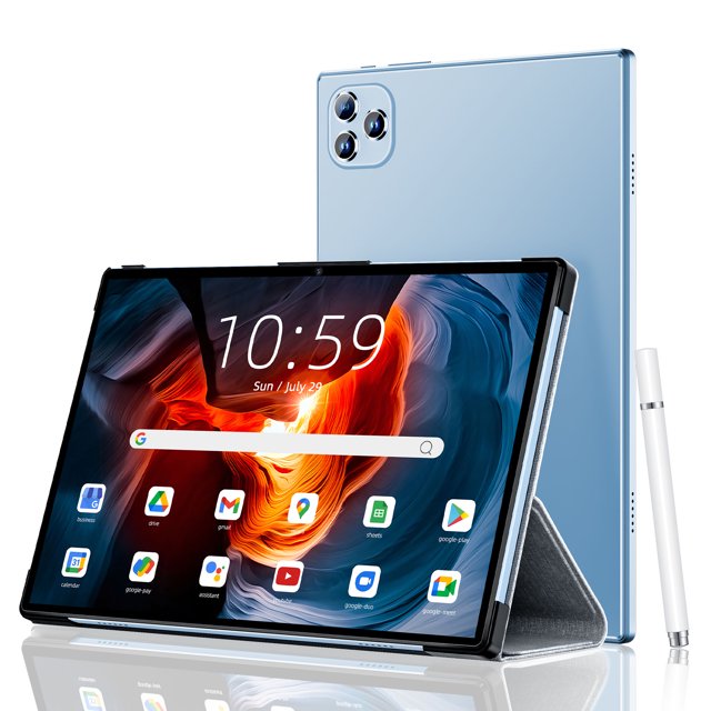 veat00l tablet, 10.1 pulgadas android 13 tablets, 6gb ram 64gb rom 128gb expand — Vista 3/4 de tablet azul de 10.1" con pantalla táctil IPS HD 1280x800 mostrando apps, funda plegada en modo soporte, lápiz óptico blanco y reverso con cámara doble; diseñada para multimedia y productividad con WiFi 5G y Bluetooth; también suele usarse para lectura y toma de notas.