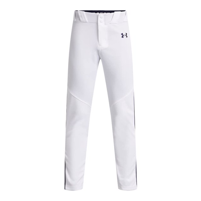 pantalones de béisbol under armour utility para niños, color blanco/azul marino, talla L. Vista frontal centrada de pantalón blanco con ribete azul marino lateral; tejido ligero y liso, siete trabillas para cinturón, bragueta con botón, rodillas de doble capa y cintura elástica. A menudo se usan también para prácticas y entrenamientos informales.