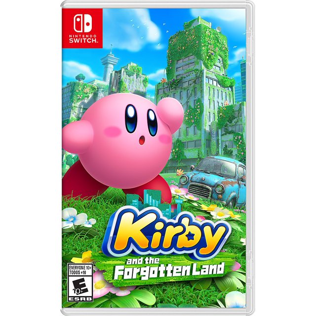 kirby and the forgotten land - nintendo switch ninrendo switch Nuevo; portada frontal con Kirby rosa inflable en primer plano, silueta redondeada y ojos grandes sobre césped con flores. Fondo con estructuras abandonadas de una civilización pasada, edificios cubiertos de enredaderas y un auto oxidado que evocan un centro comercial abandonado; logotipo del juego abajo y icono de Nintendo Switch en esquina superior izquierda. Suele usarse también para demostraciones de jugabilidad en eventos.