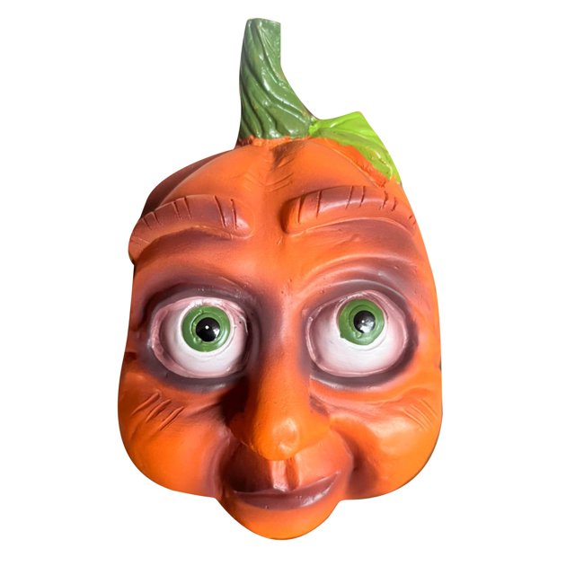 xihbxyly decoración de halloween con forma de humanoide, diseño único de calabaza multicolor con tallo verde y hojas de tela, sombrero de copa de encaje negro y base con peso seguro, vista frontal centrada sobre fondo blanco; decoración navideña y de fiesta, ideal para mesa o esquina.
