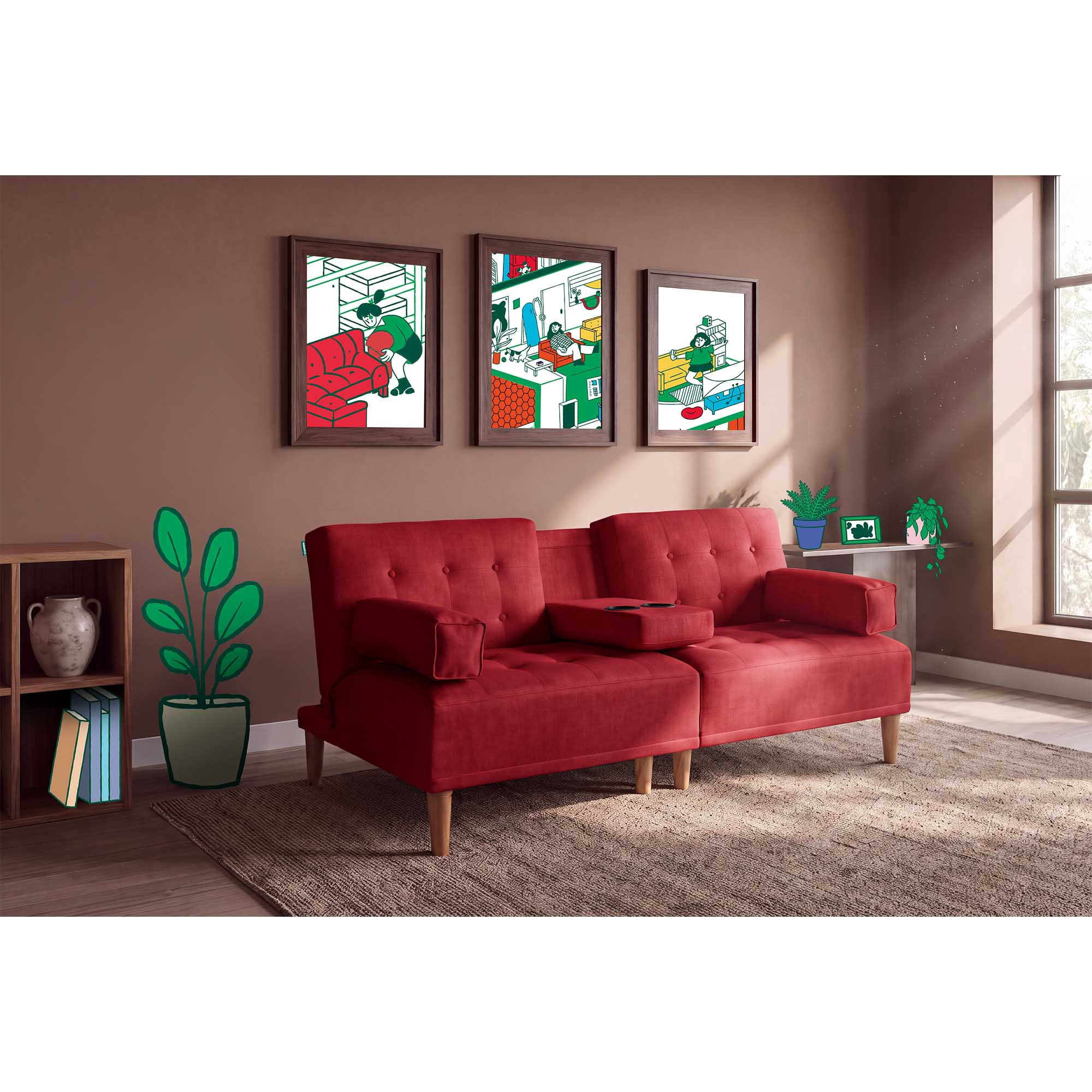 Sofá Cama De Lino Rojo Modelo Queen Makora Con Portavasos