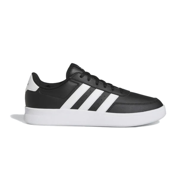 tenis adidas hombre breaknet 2.0 negro 26.5 cm zapatilla silueta baja, vista lateral derecha; empeine negro liso con tres franjas blancas, cordones negros y refuerzo blanco en talón, suela blanca tipo cupsole; diseño casual inspirado en tenis, ideal para combinar con shorts, pants o jeans y también adecuada para uso urbano diario.