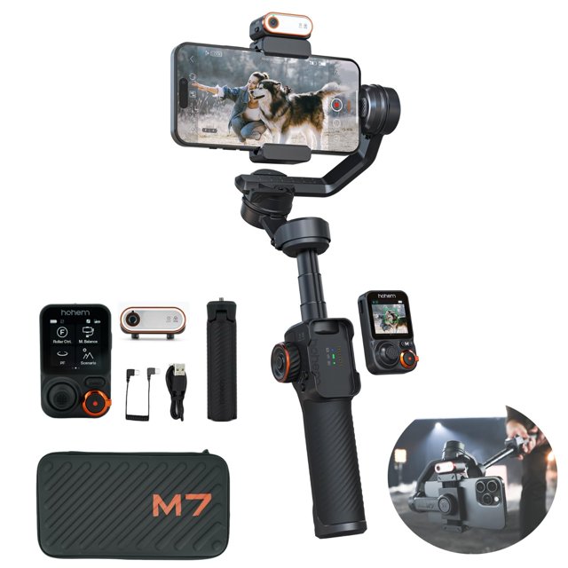 estabilizador de cardán hohem isteady m7 para smartphone de 3 ejes negro, vista 3/4 frontal con teléfono montado, mango texturizado y brazo articulado; incluye control remoto táctil desmontable con pantalla de 1.4", luz de relleno CCT+RGB montada arriba, poste de extensión integrado y accesorios visibles (empuñadura corta, cable USB, base de carga y funda rígida marcada M7). Compatible con teléfonos de 2.283–3.543 in, rotación 360° y seguimiento de IA; suele usarse también como banco de energía para carga inversa.